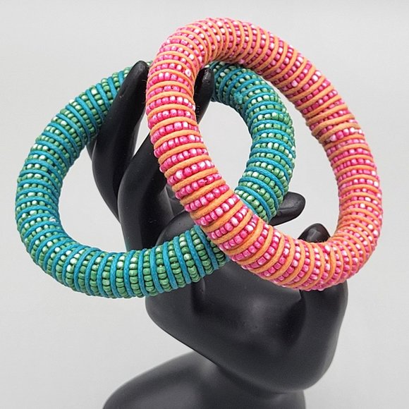 Micro Beaded Bangle Bracelets Set of 2 Slip On Pink Blue Green Handmade - Picture 2 of 7